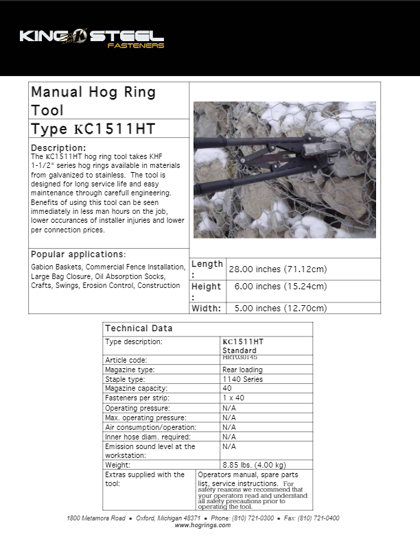 data sheet for a manual hog ring tool type kc1511ht