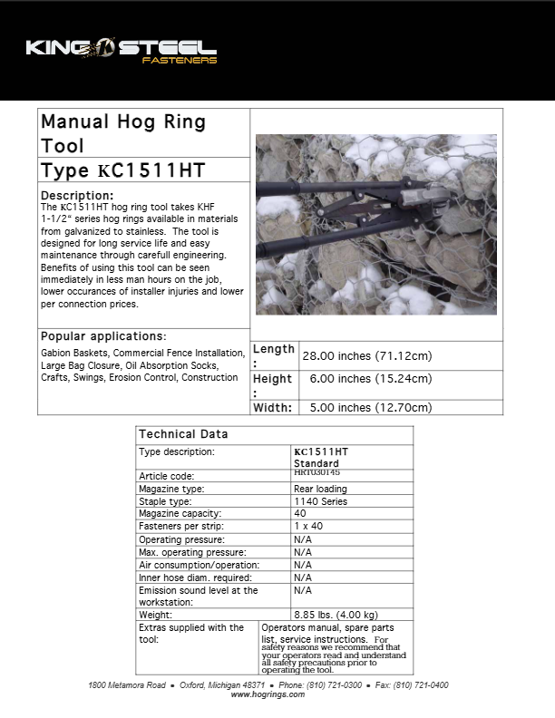 data sheet for a manual hog ring tool type kc1511ht