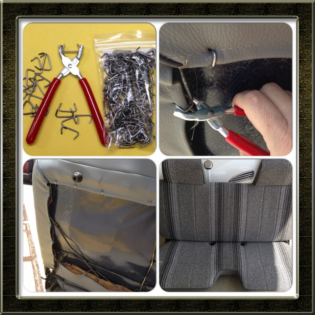 A four-panel image. On the top left is a bag of C-shaped hog rings and hog ring pliers, on the top right is someone using pliers to install new hog rings, on the bottom left is the back of a car seat, and on the bottom right is a picture of a car with new car seat covers.