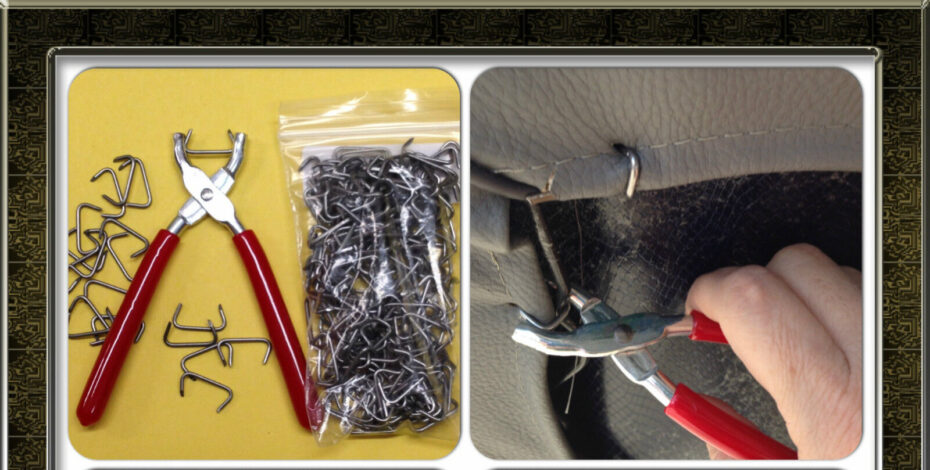 A four-panel image. On the top left is a bag of C-shaped hog rings and hog ring pliers, on the top right is someone using pliers to install new hog rings, on the bottom left is the back of a car seat, and on the bottom right is a picture of a car with new car seat covers.