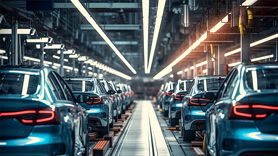 a row of cars in a brightly lit warehouse